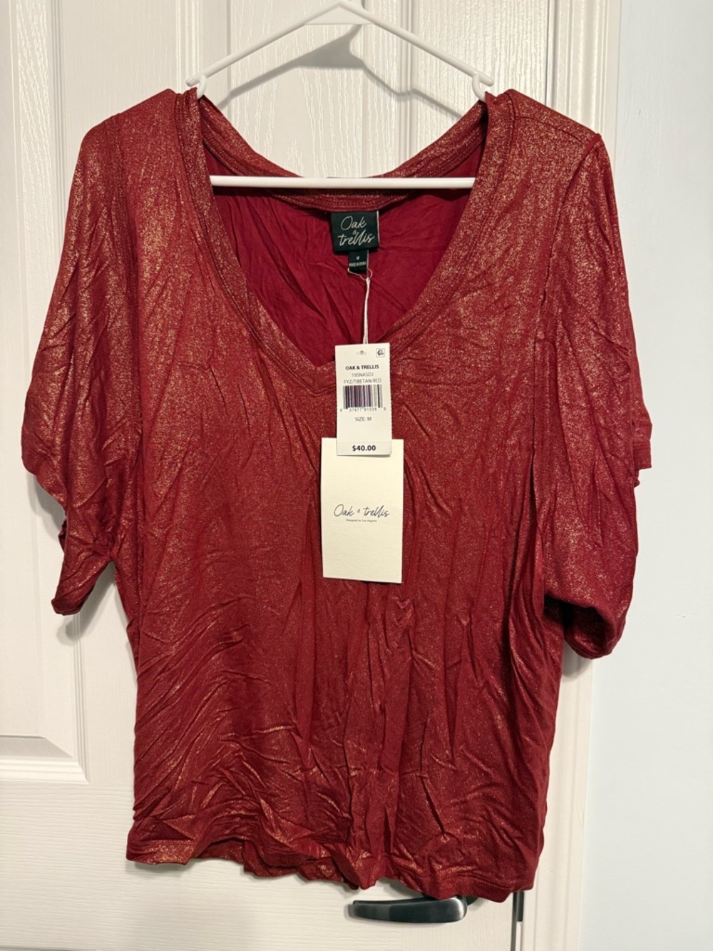 Oak + Thread Red Metallic V-Neck Short Sleeve Top